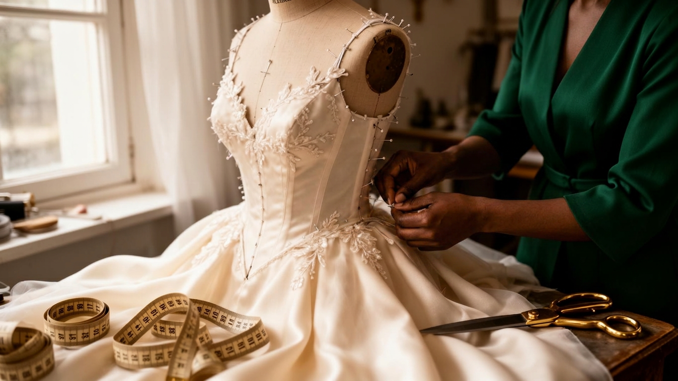A seamstress carefully pinning an ivory wedding dress at Heavenly Fashions